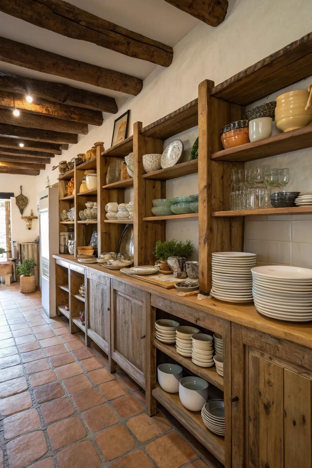 Exposed storage showcases crockery and adds a homely touch.
