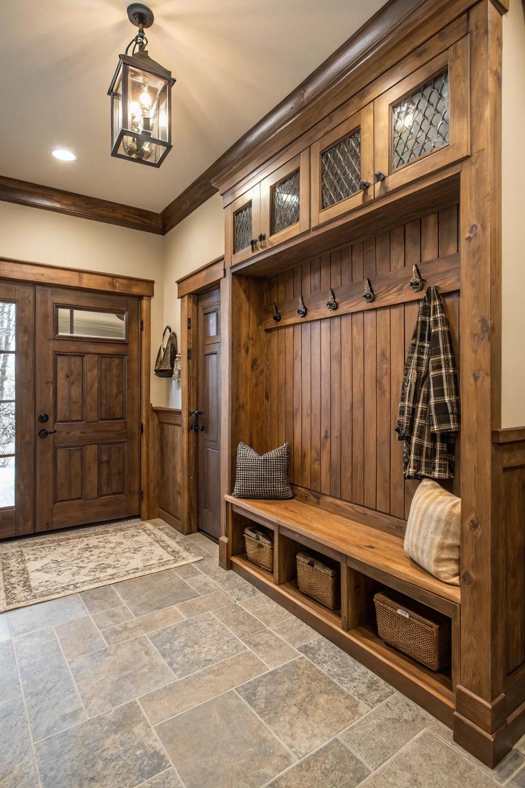 A practical and stylish entryway featuring rustic wainscoting.