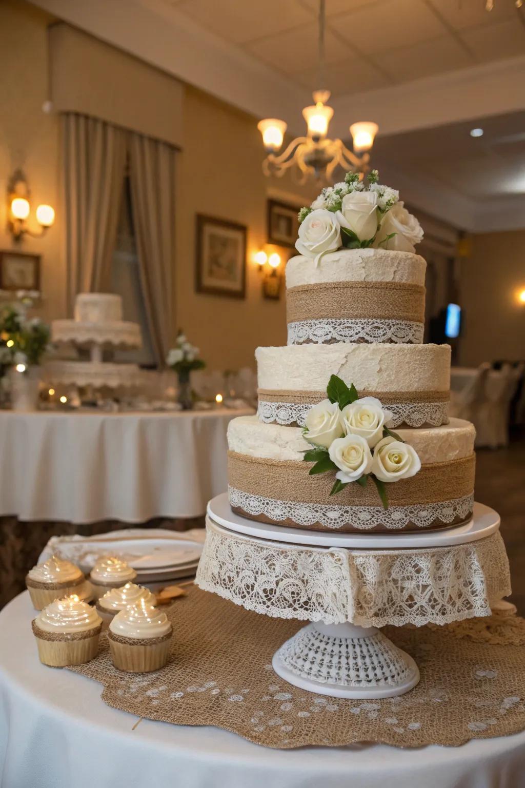 Rough fabric and decorative trim accents enhance the elegance of a countryside-style dessert stand.
