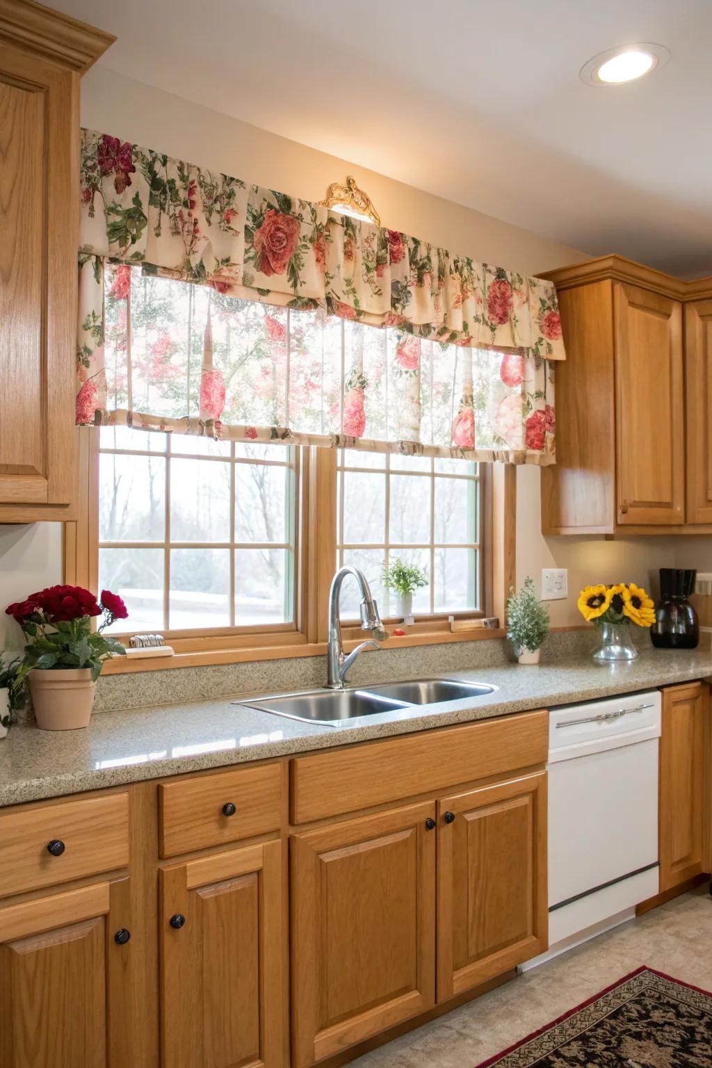 A cheerful kitchen enhanced by a floral fabric valance, adding a splash of color and a touch of nature.
