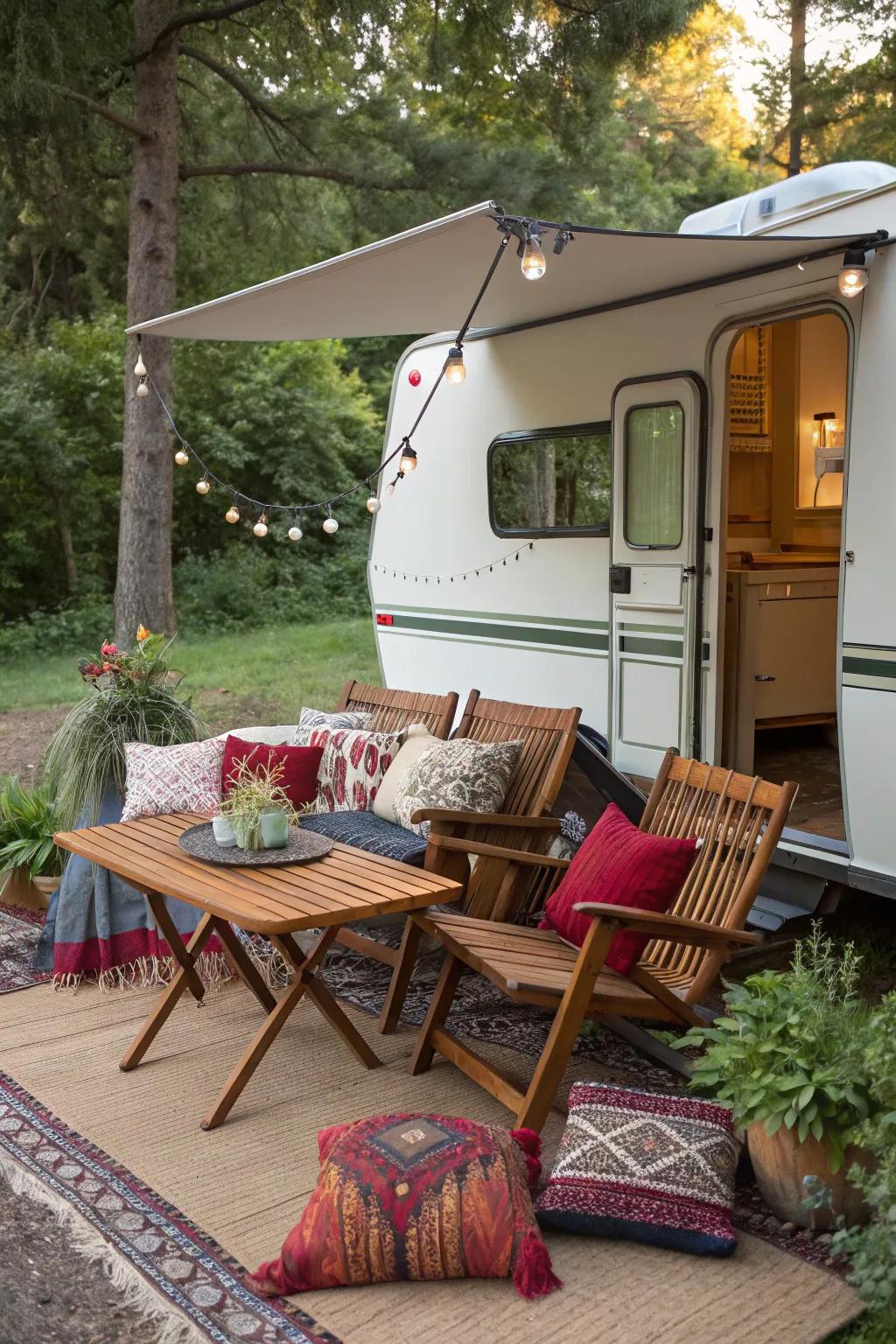Pillows and throws add color and coziness to your campsite.