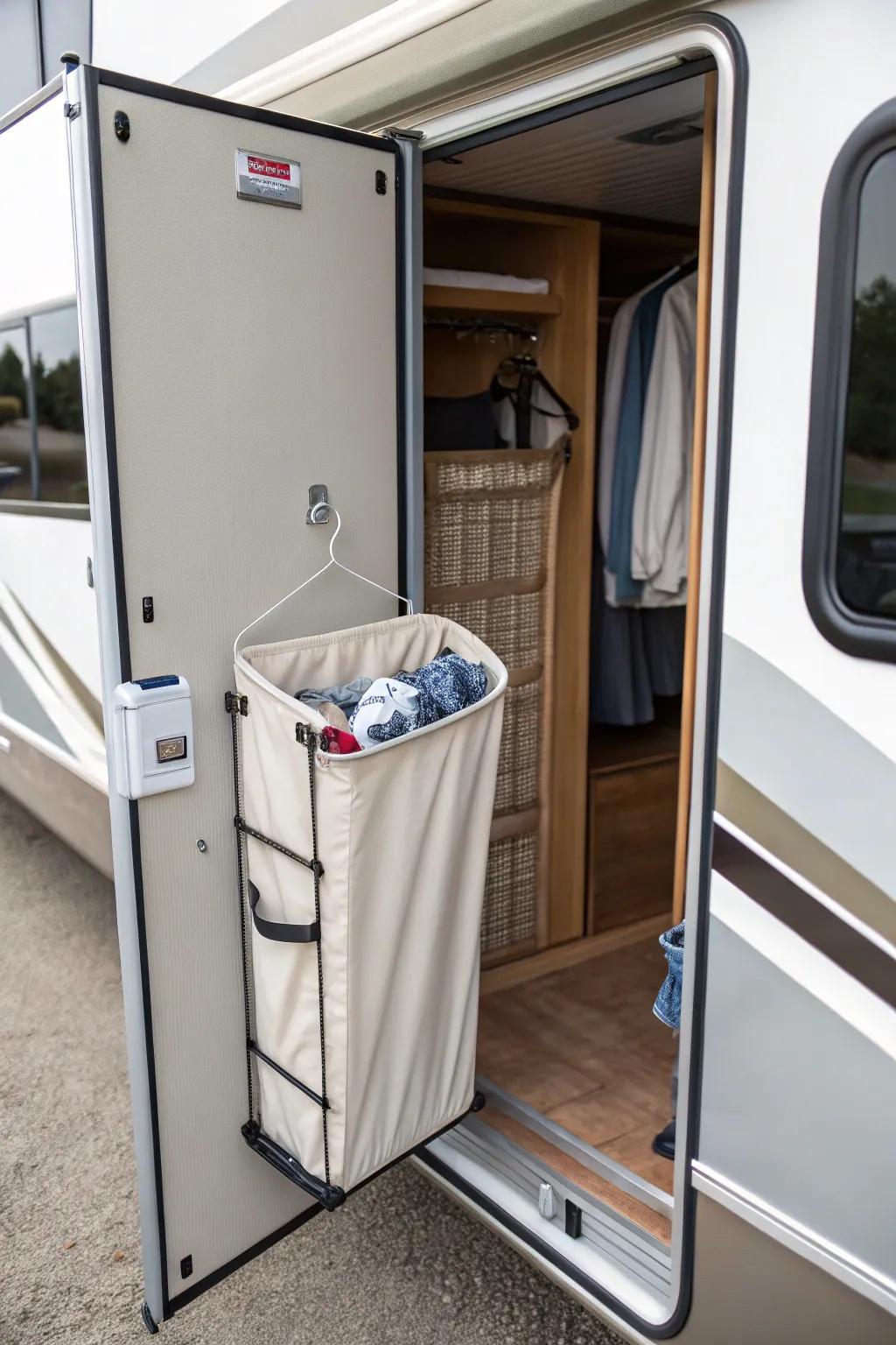 A slim hamper keeps used laundry arranged and hidden.