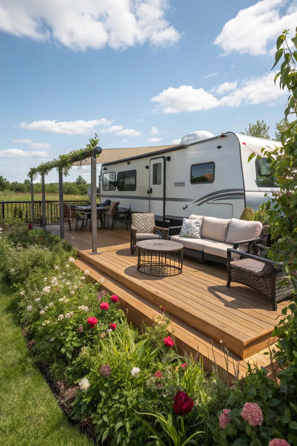 A wooden surface introduces structure and style to your RV patio.