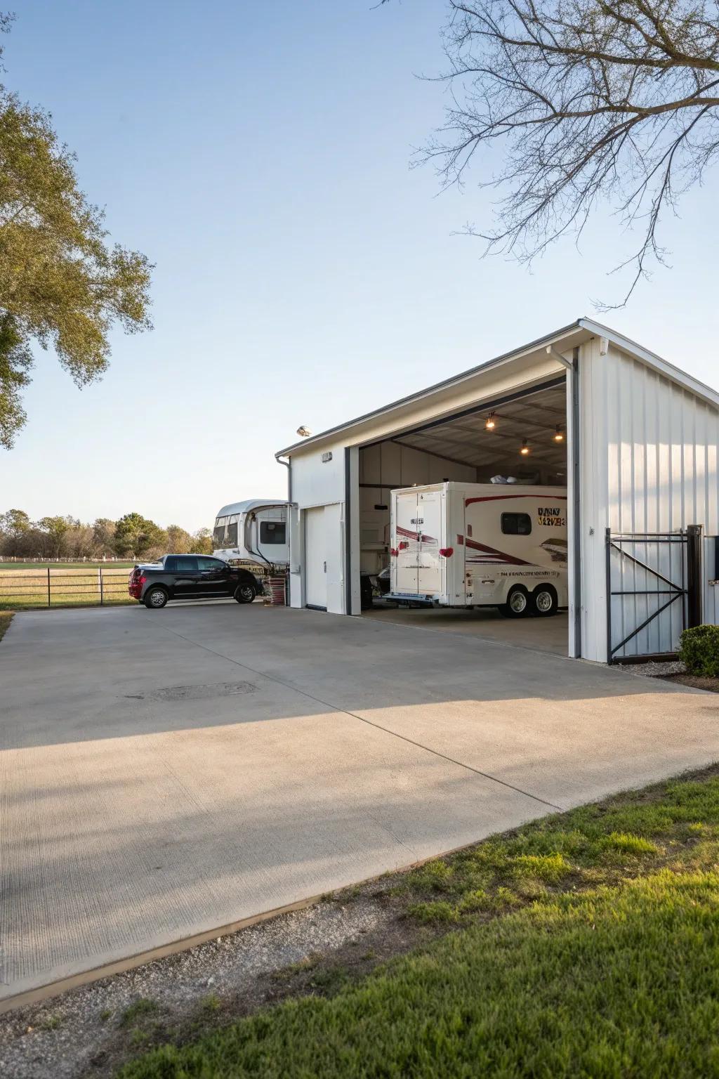 A large RV shed that can accommodate several vehicles.