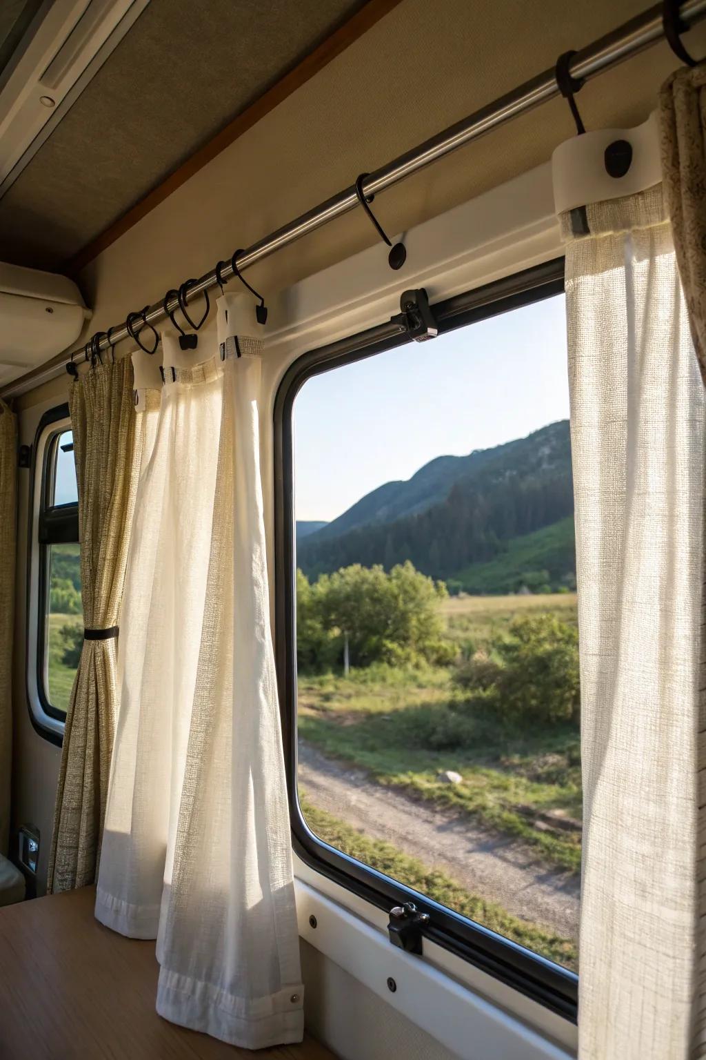 Adhesive mounts provide a no-drill option for hanging curtains.