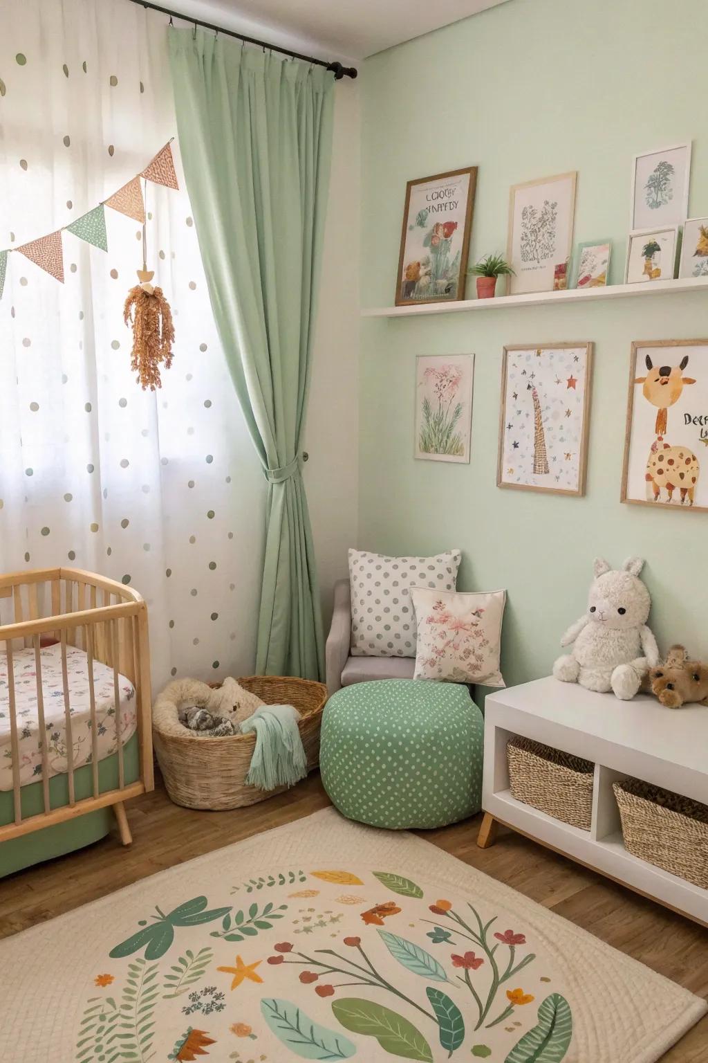Playful animal themes bring a sense of fun to a sage green nursery.