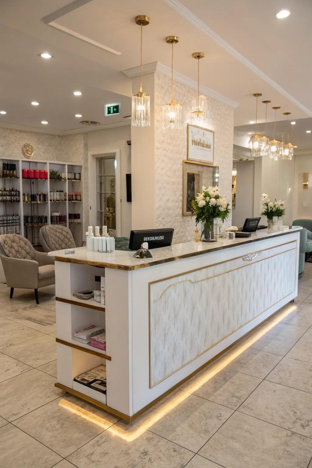 A salon entry centered around a stylish and practical entry desk.