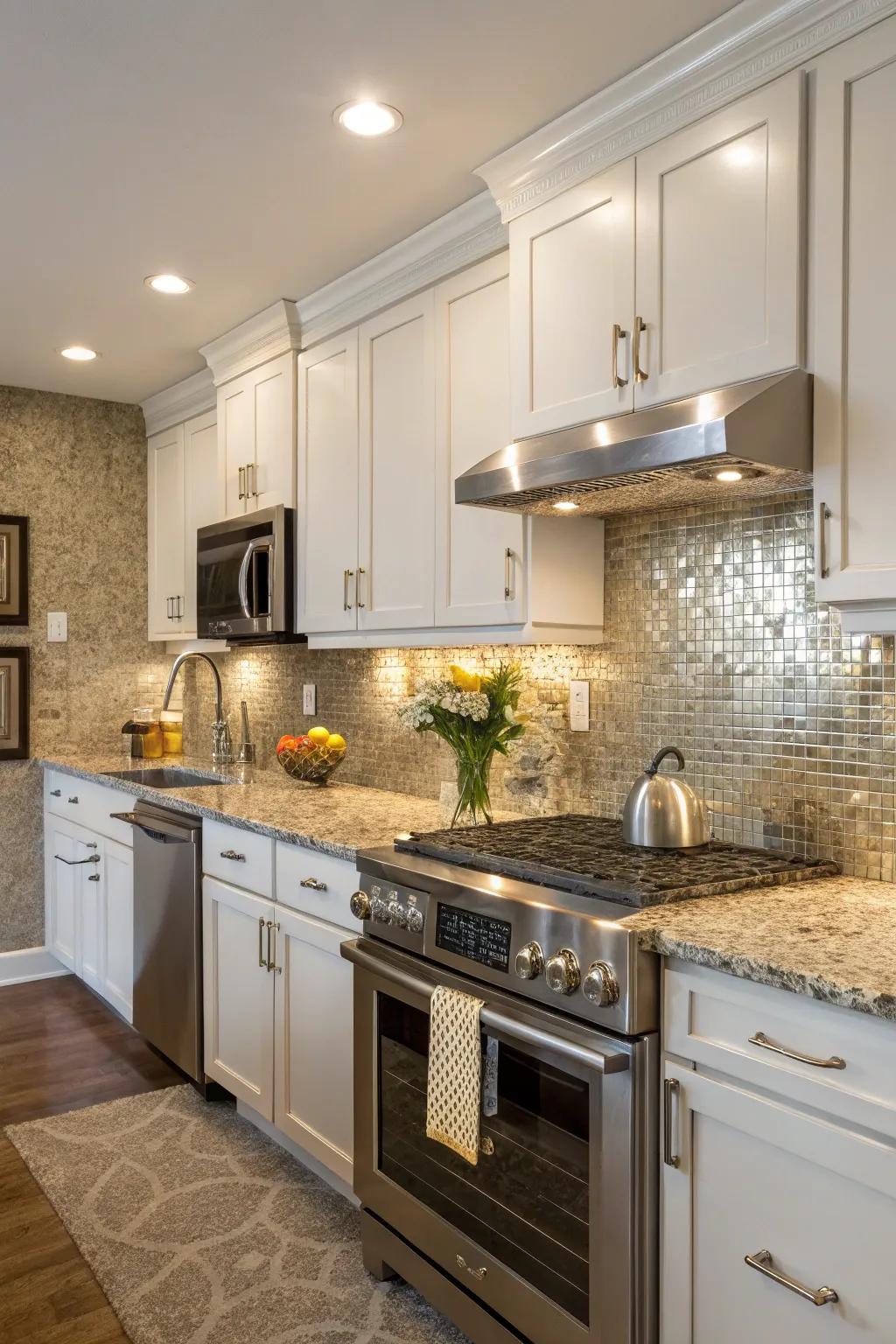 Metallic tiles bring a modern edge to Sierra Gold stone.