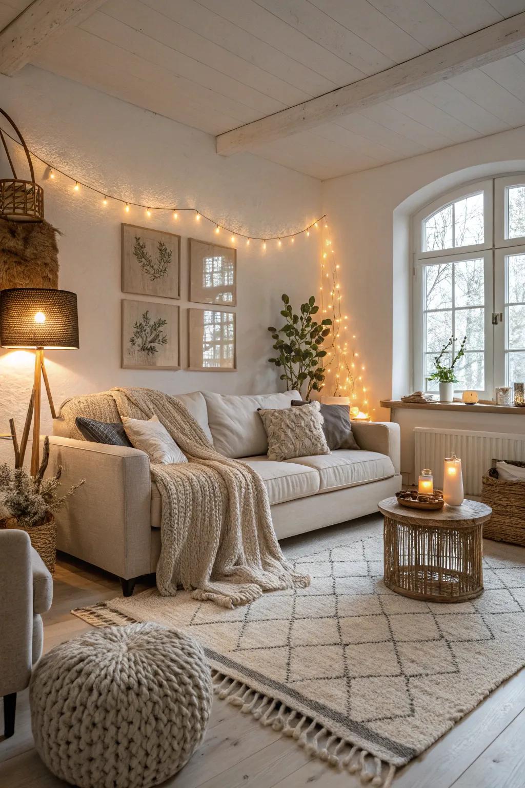 Diverse textures with wool and linen add coziness to the Scandinavian lounge.