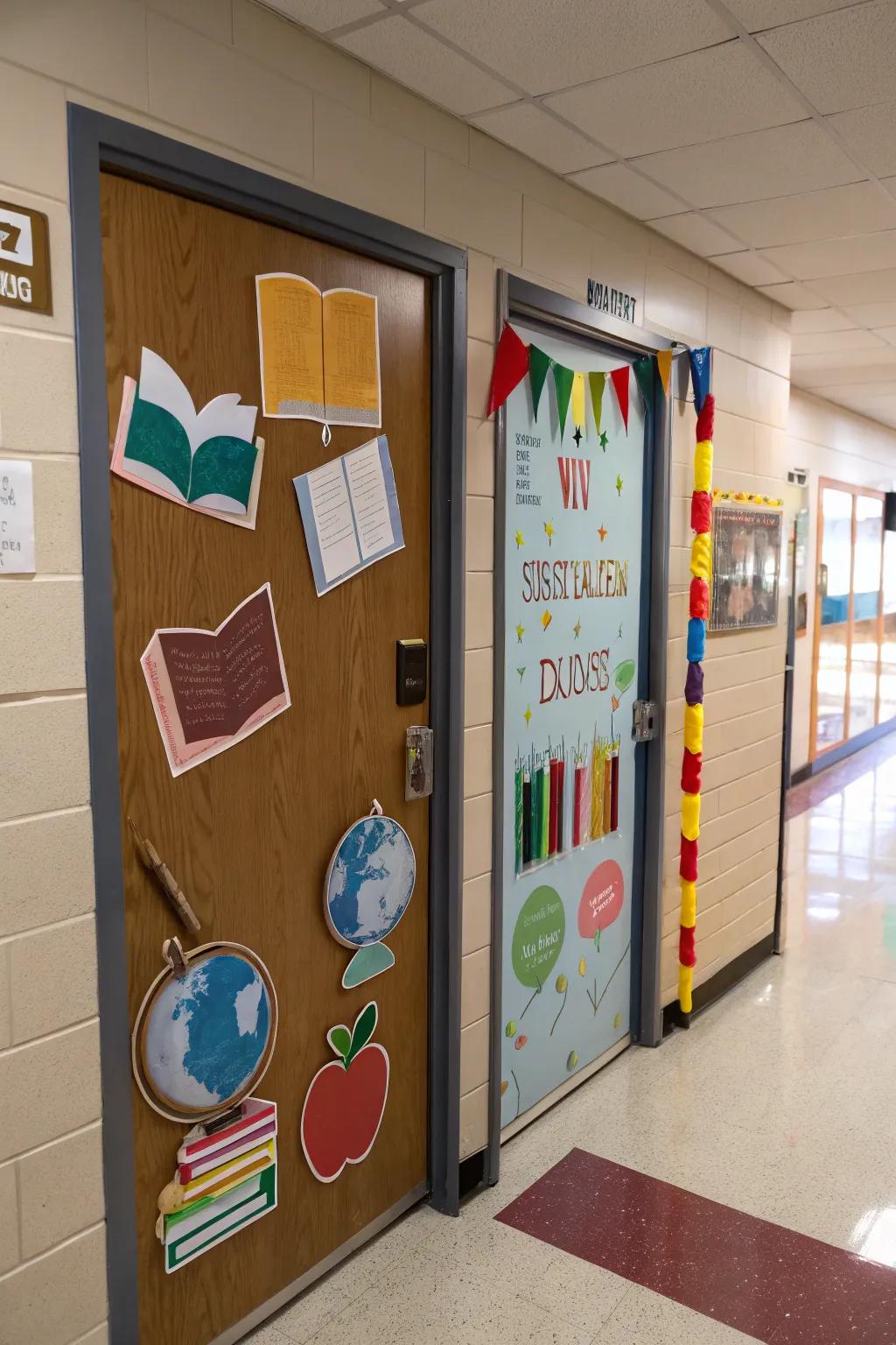 An educational theme showcased on a school door featuring literary works and educational aids.