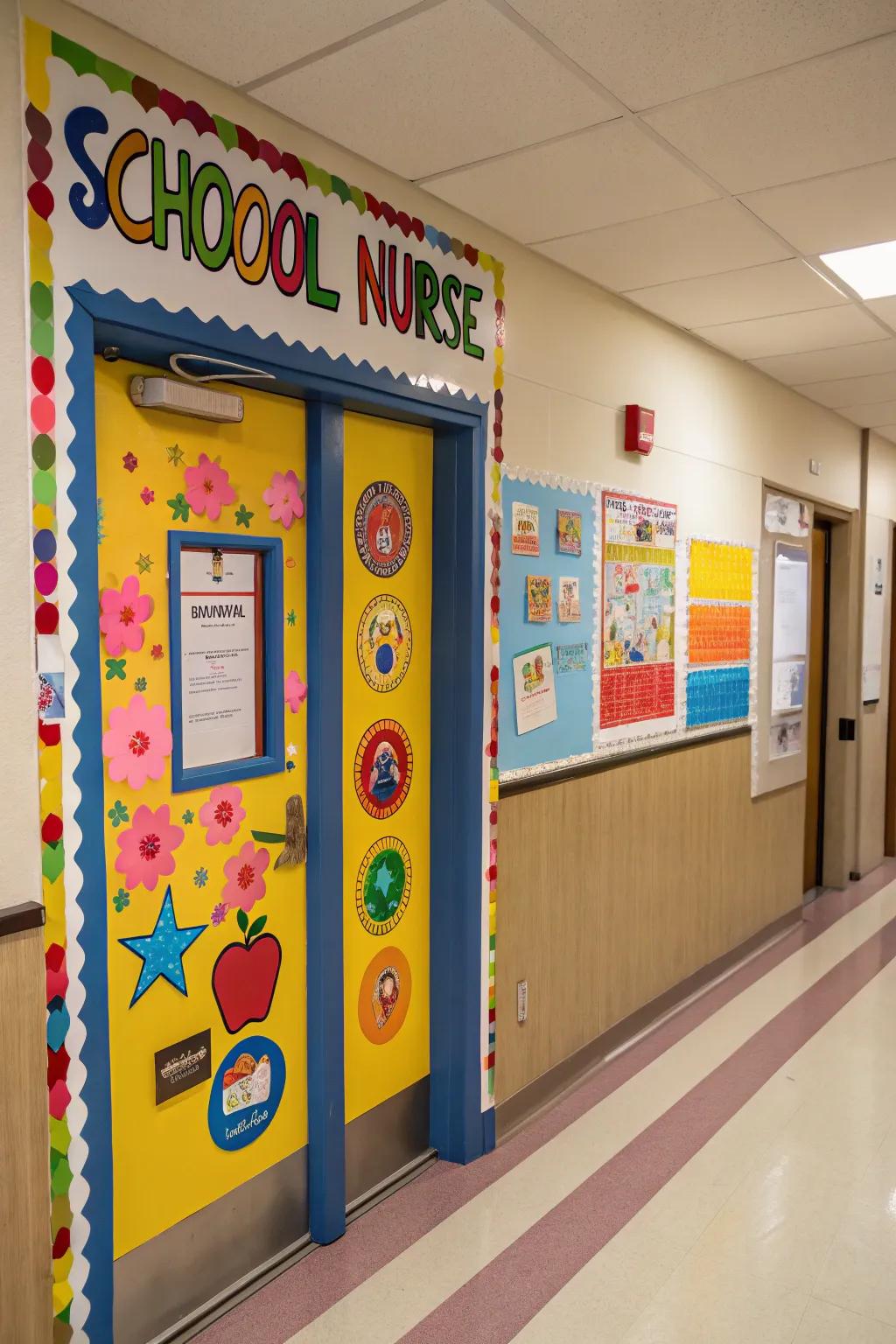 A lively and inviting school nurse door that greets all.