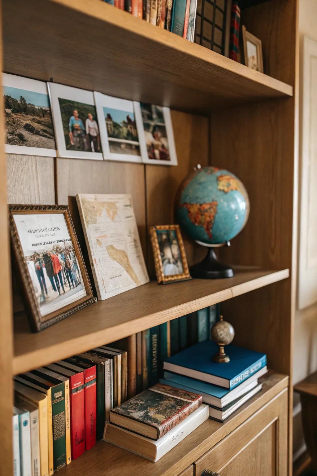 An academic shelf featuring a school photo display.