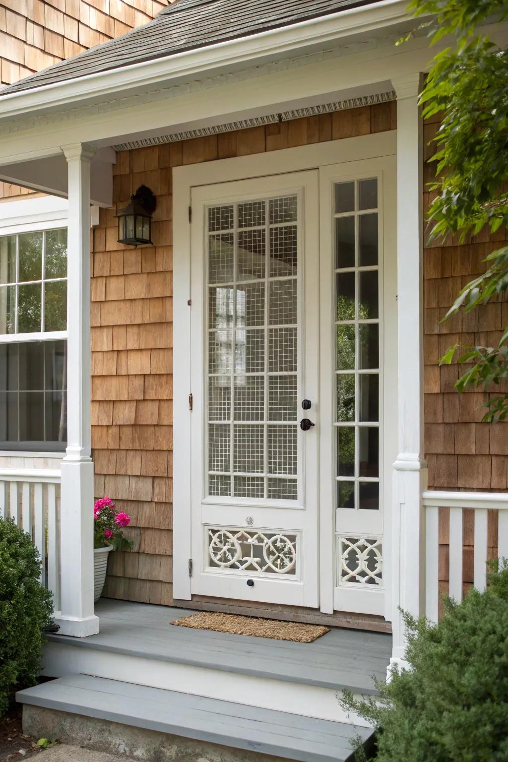 This entrance exudes timeless elegance with its classic white screen door.