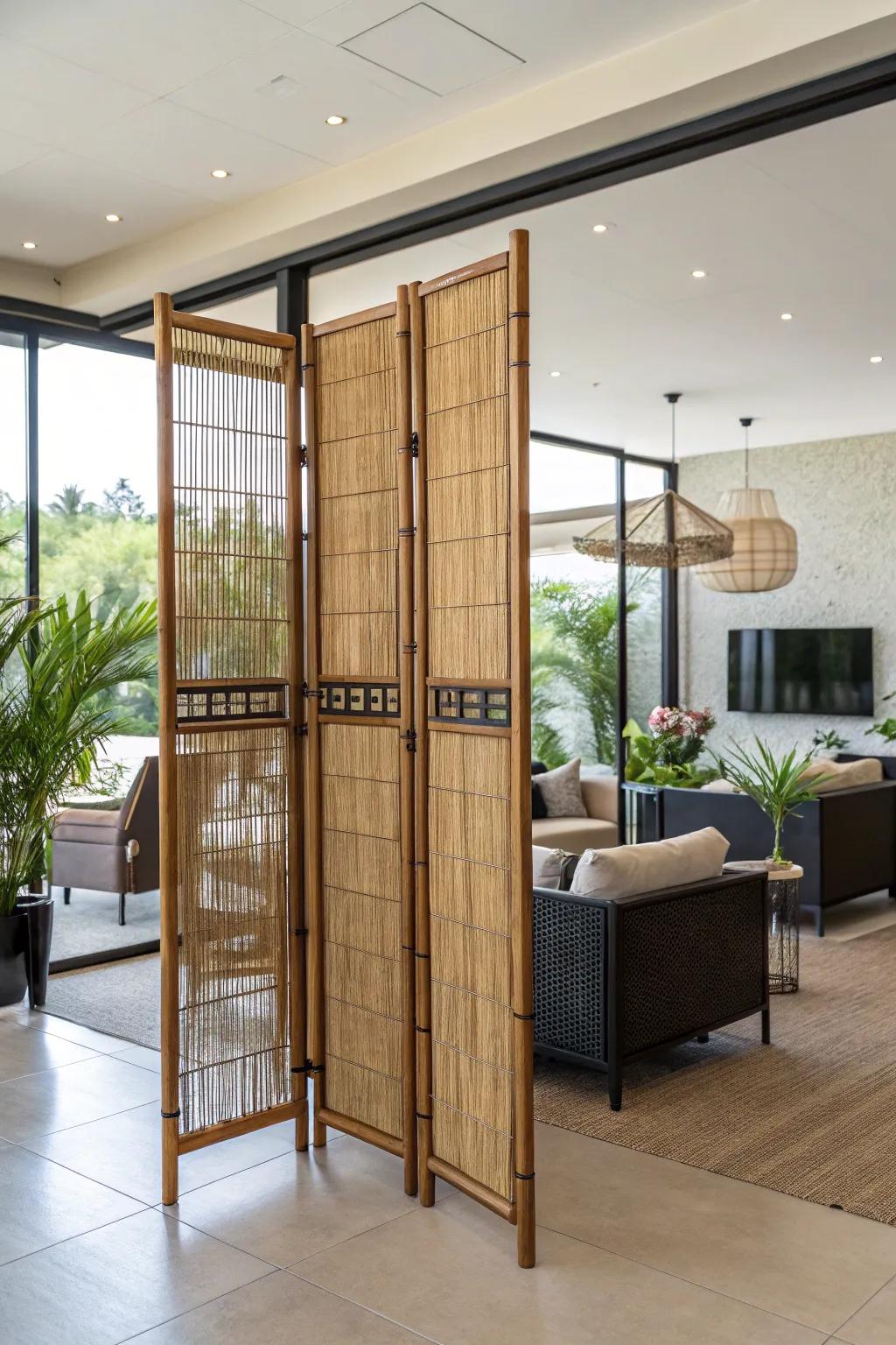 Bamboo screen walls deliver a sustainable and fashionable decor resolution.