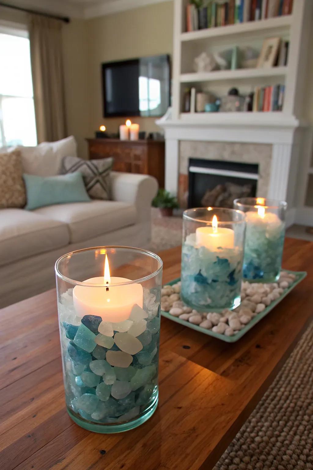 Sea glass candle holders create a cozy and enchanting ambiance.
