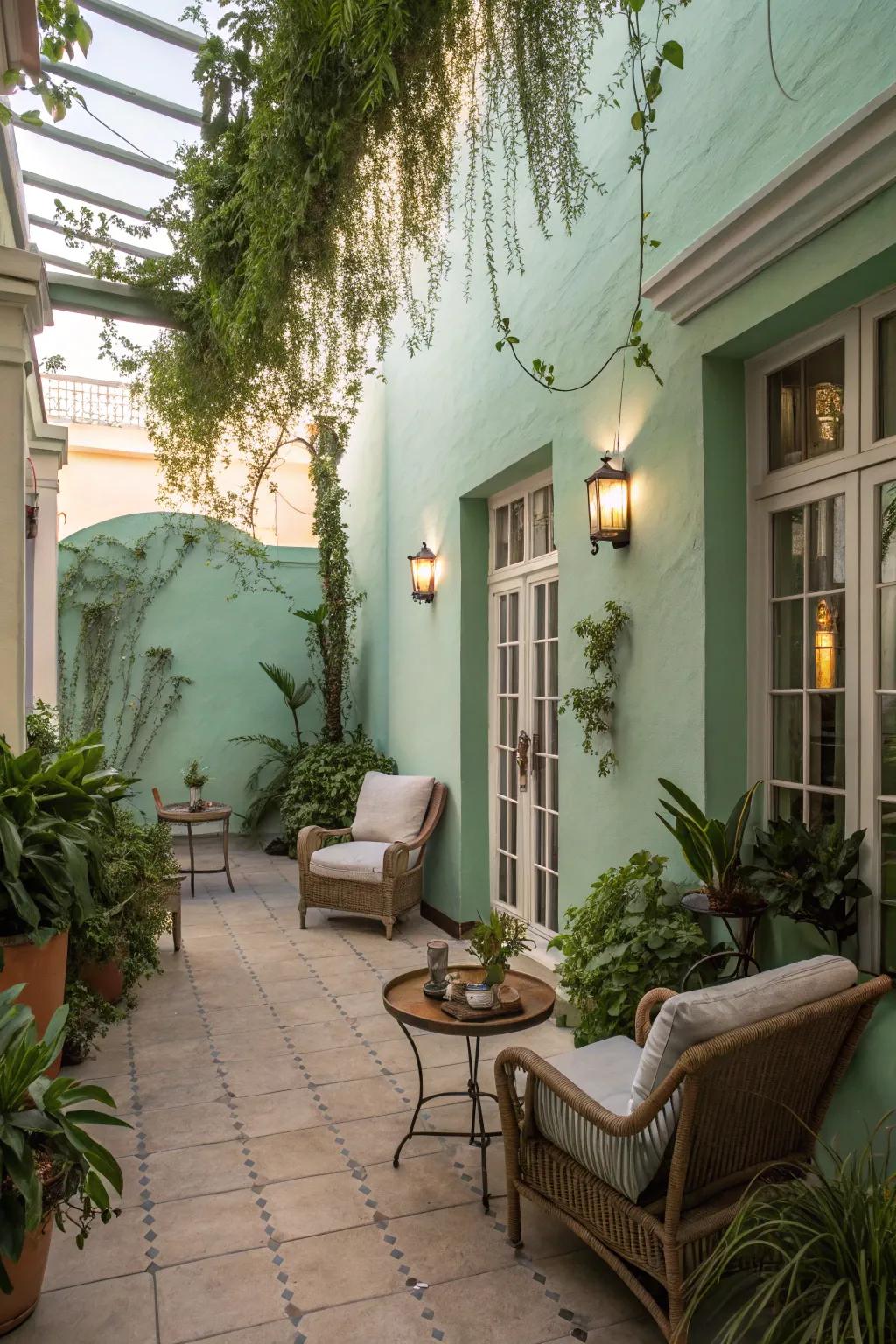 An open-air retreat showcasing soothing seafoam green walls.
