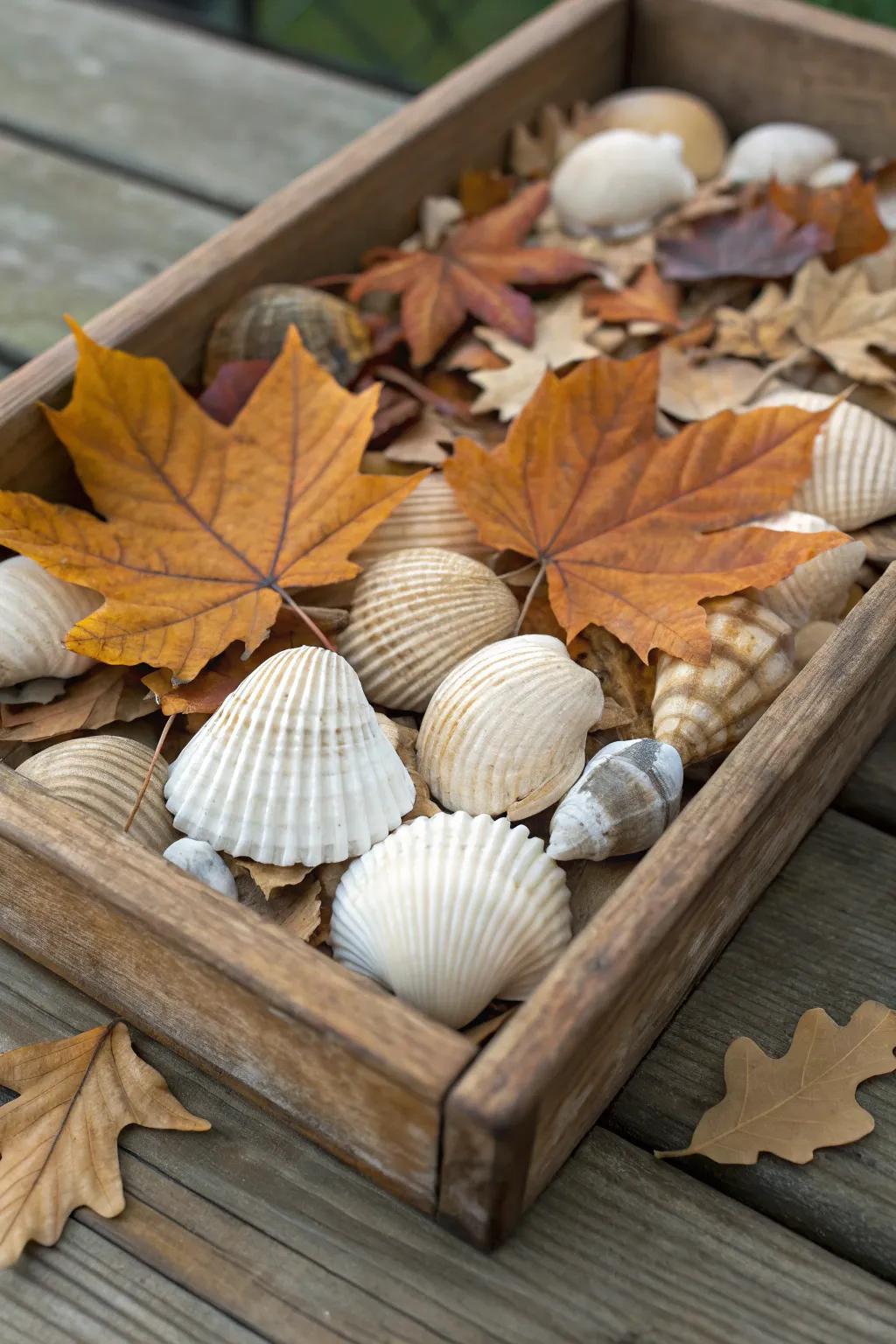 Seashells paired with holiday components fashion a dynamic display.