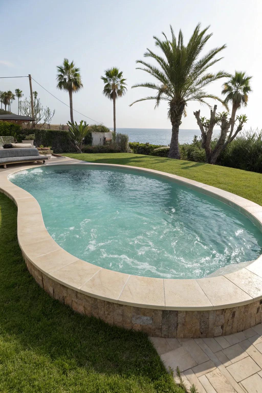 A semi inground pool with a distinctive oval shape that stands out.