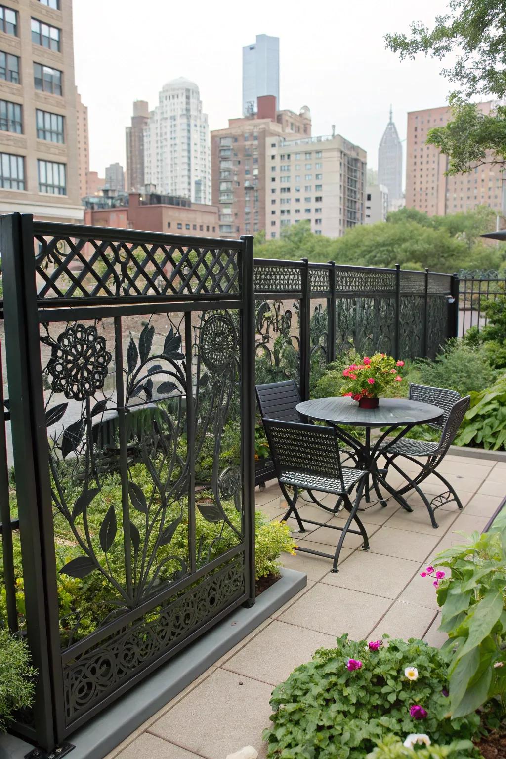 Artistic perforations on a metal fence bring a distinctive touch to this urban garden.