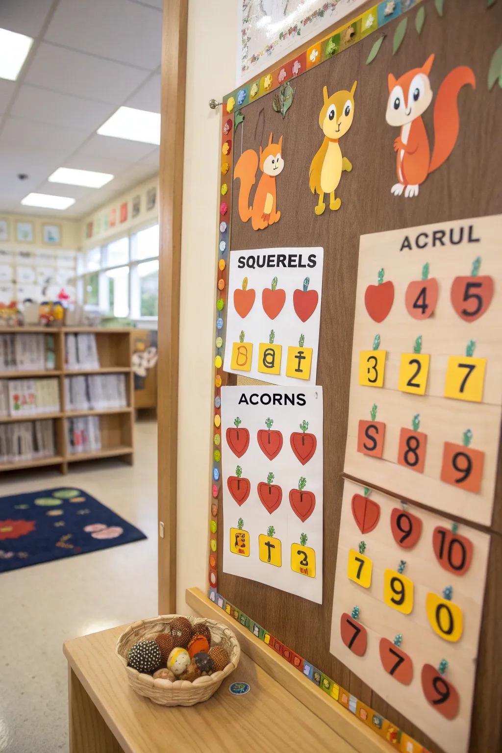 A squirrel-themed bulletin board featuring educational acorns.