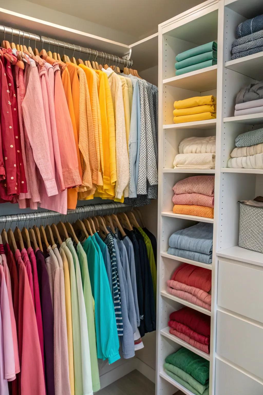 A closet with clothing arranged by color for a harmonious appearance.