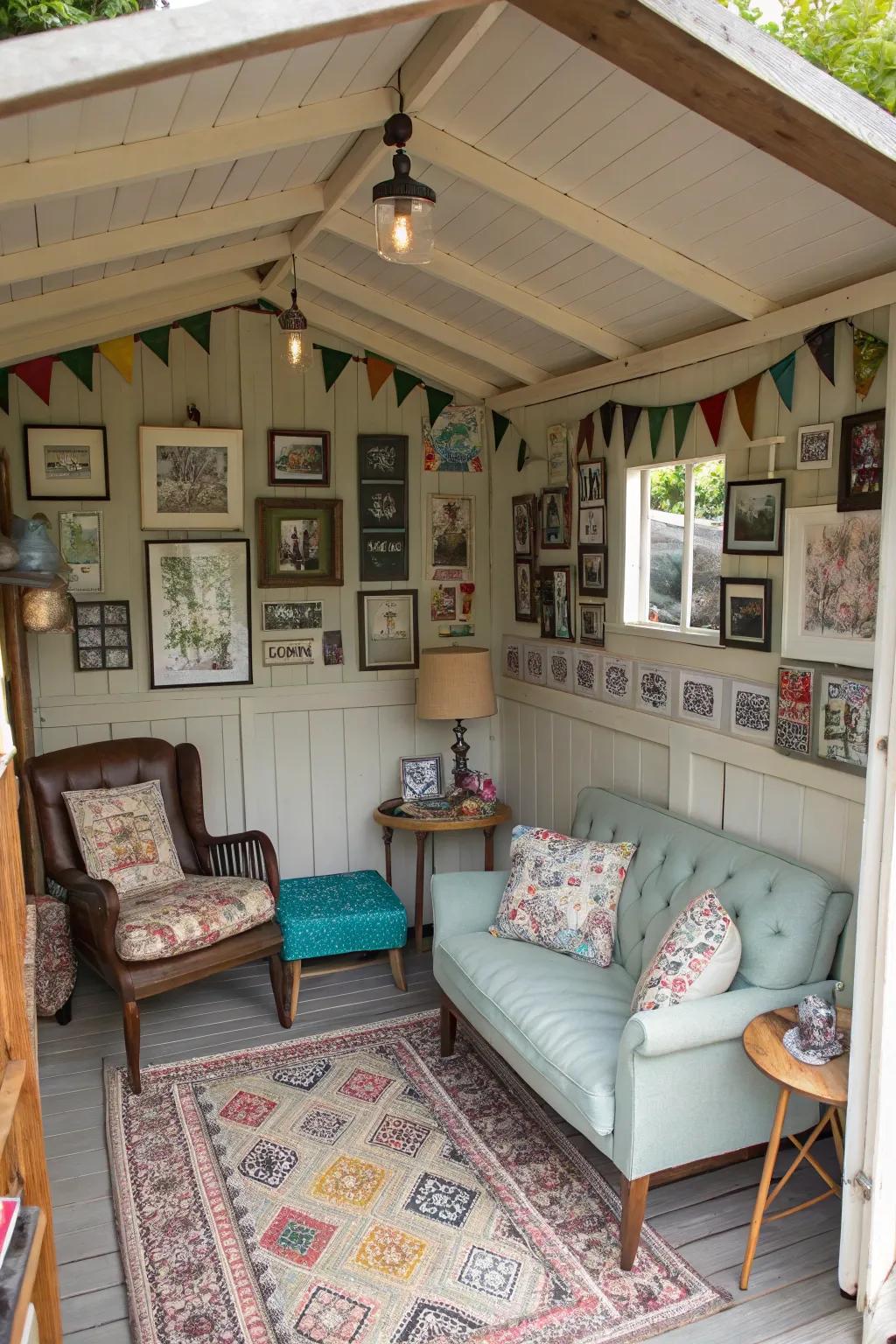 A she shed decorated with vintage charm and character.