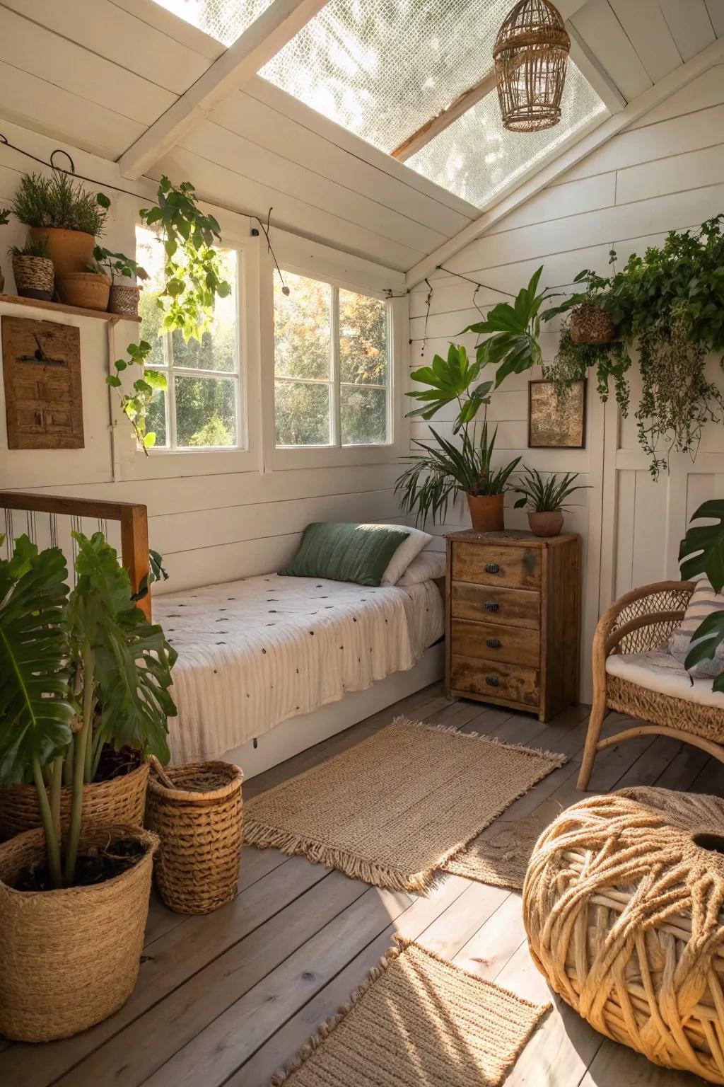 Plants introduce vibrancy and a hint of nature to your shed bedroom.