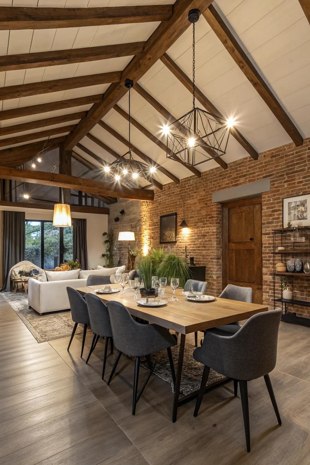A balanced fusion of modern and rustic in the dining area's shed ceiling.