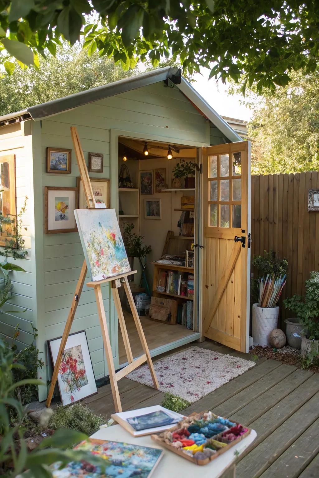 A garden shed repurposed as a creative art workshop.