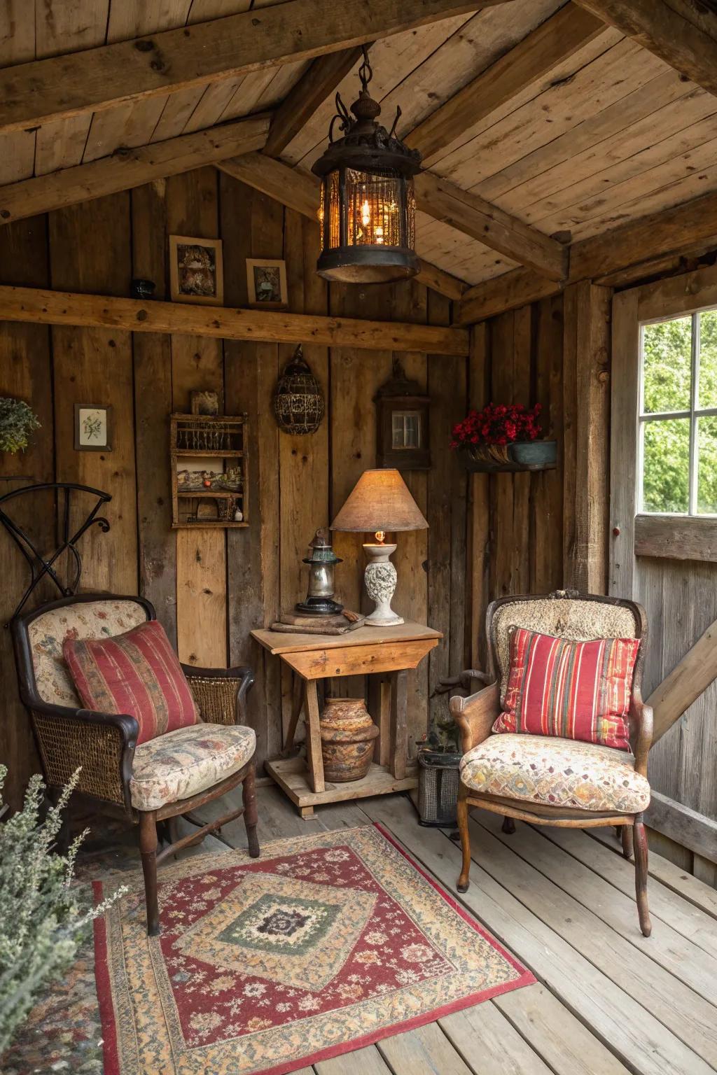 A shed converted into a rustic retreat with vintage charm.