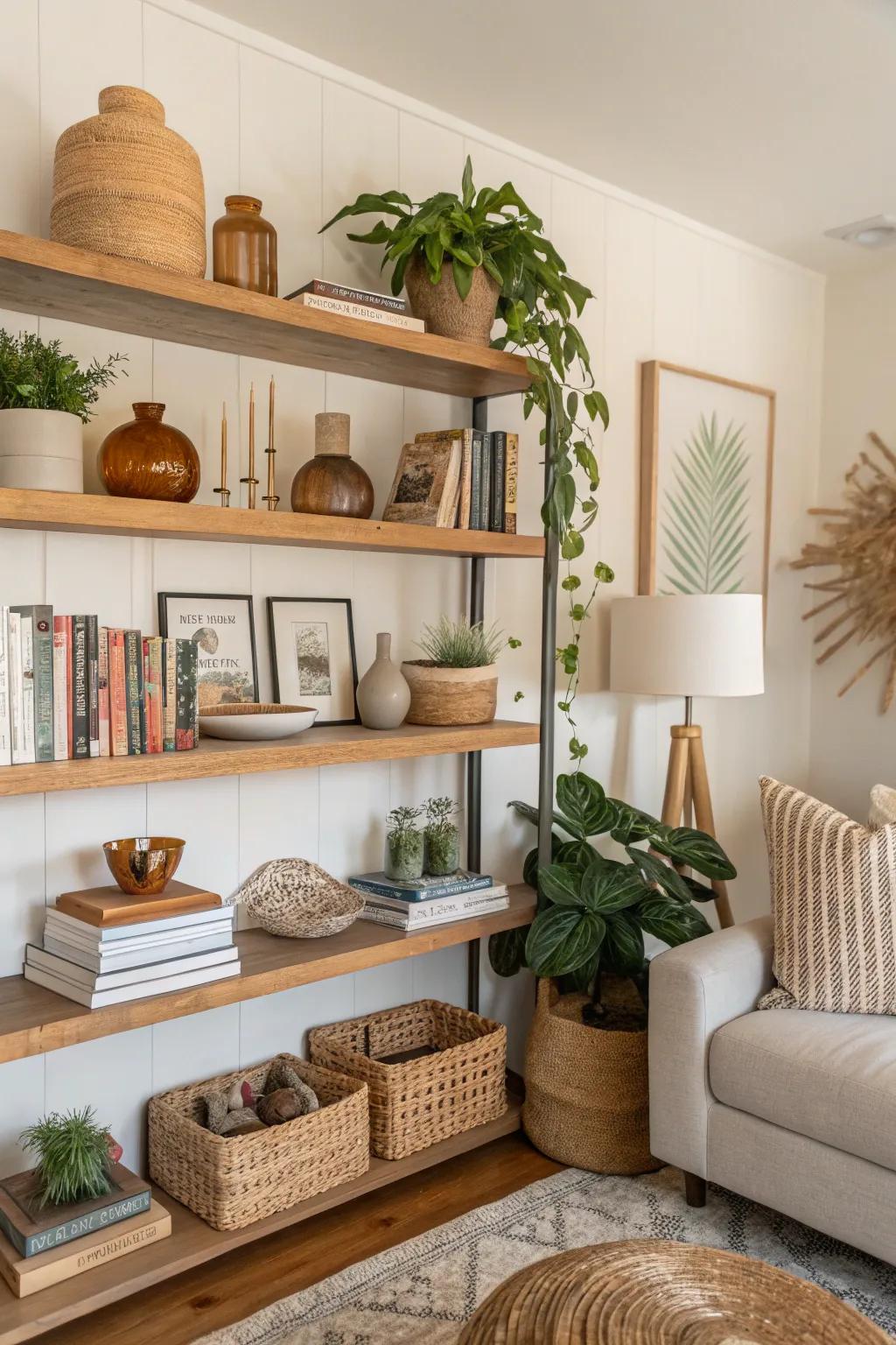 Layered décor introduces depth and charm to shelves.