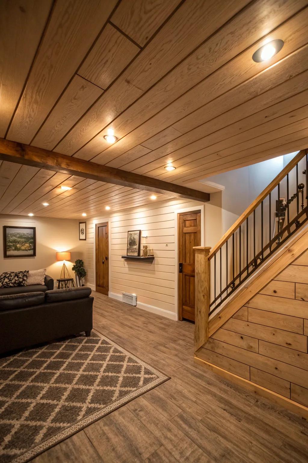 A comfortable basement featuring a groove paneling ceiling.
