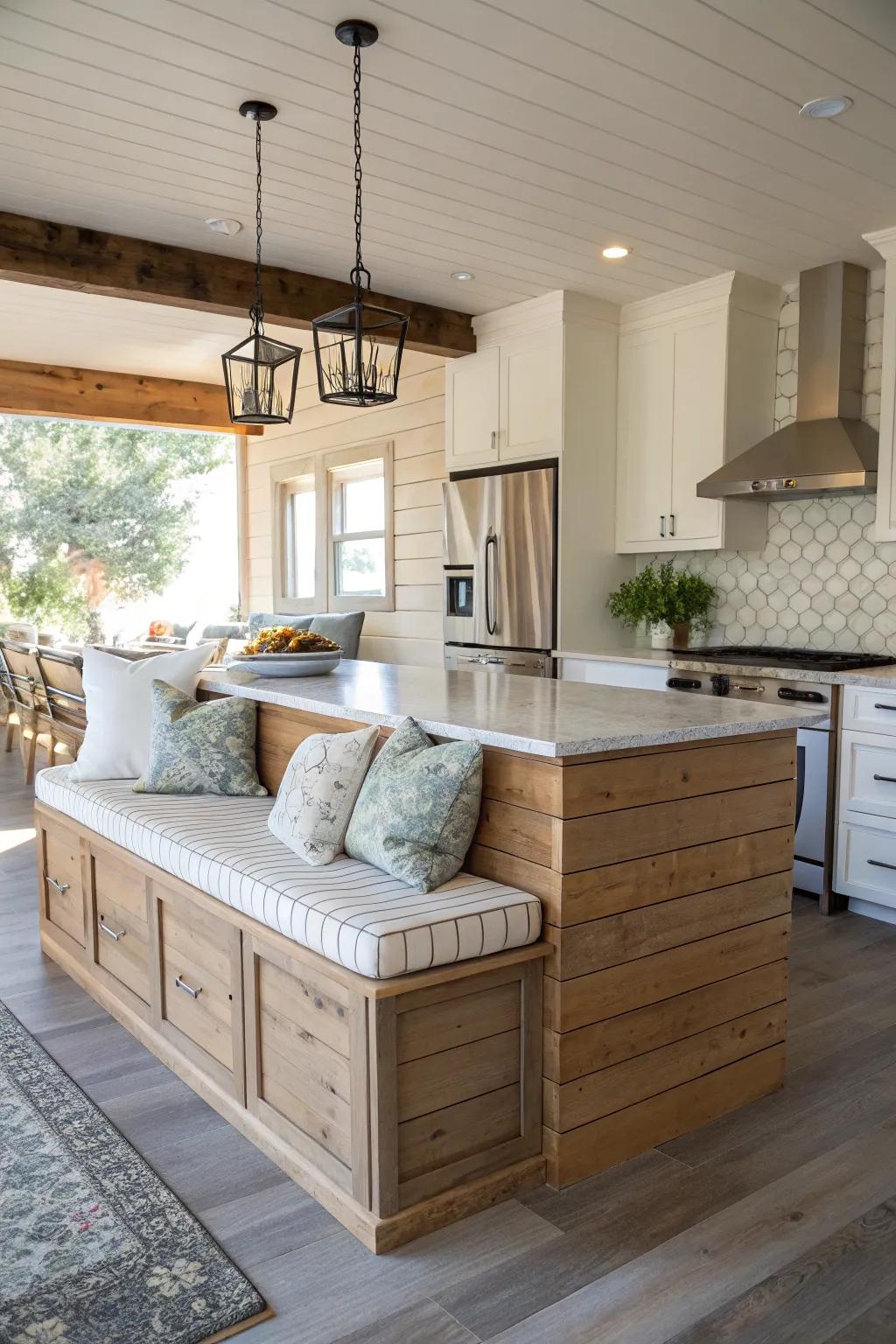 Horizontal panel island featuring comfortable integrated seating.