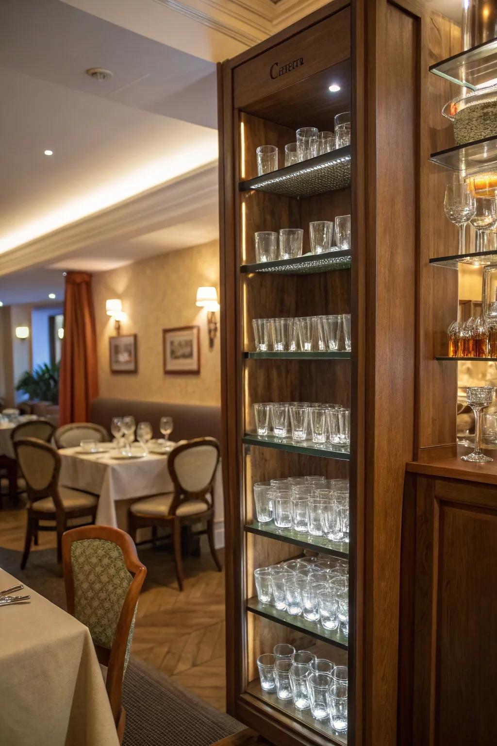 A snug corner in a dining space, highlighting a tall, narrow shelf filled with shot glasses.