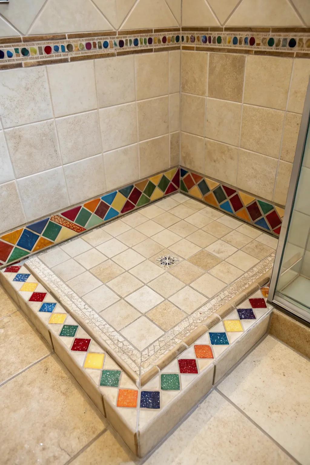 Vivid accent tiles create an amazing border on this shower base, adding a splash of imagination.