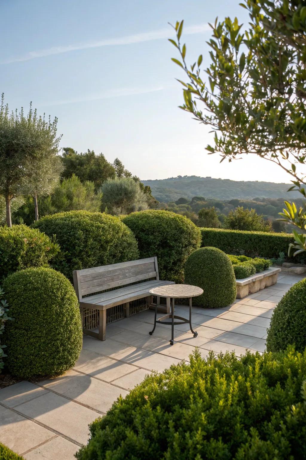 A cozy seating zone nestled among shrubs, perfect for relaxation.