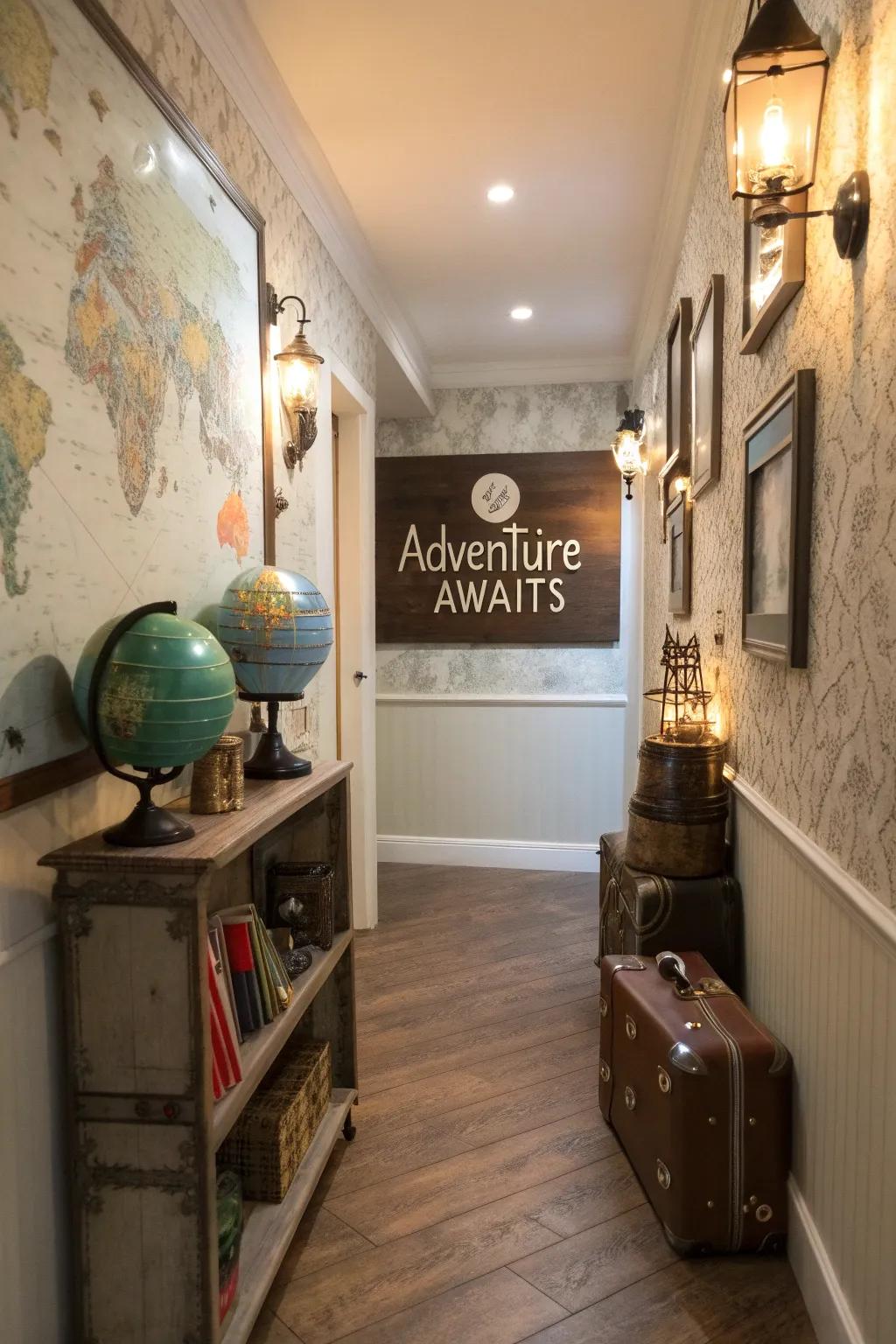 A hallway featuring an 'Explore The World' board and travel-themed decorations.