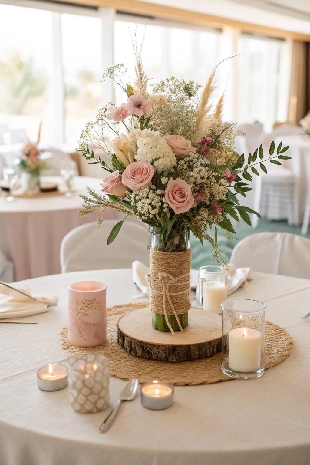 Muted and light tones bring style to this centerpiece.