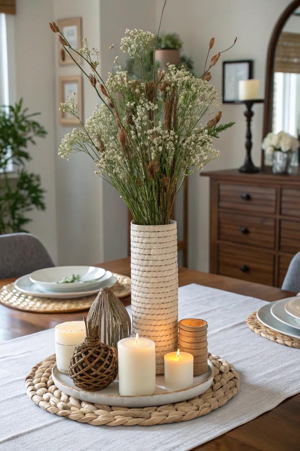 Layered heights add depth to the table setting.