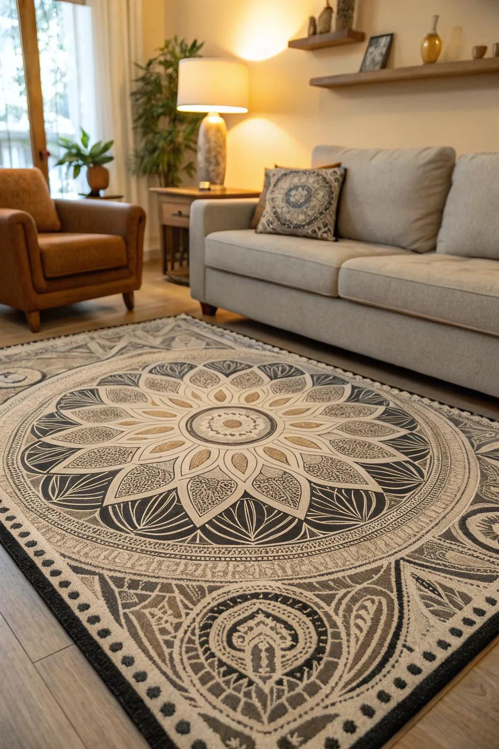 A rug with fractal patterns adds elegance and unity to the living space.