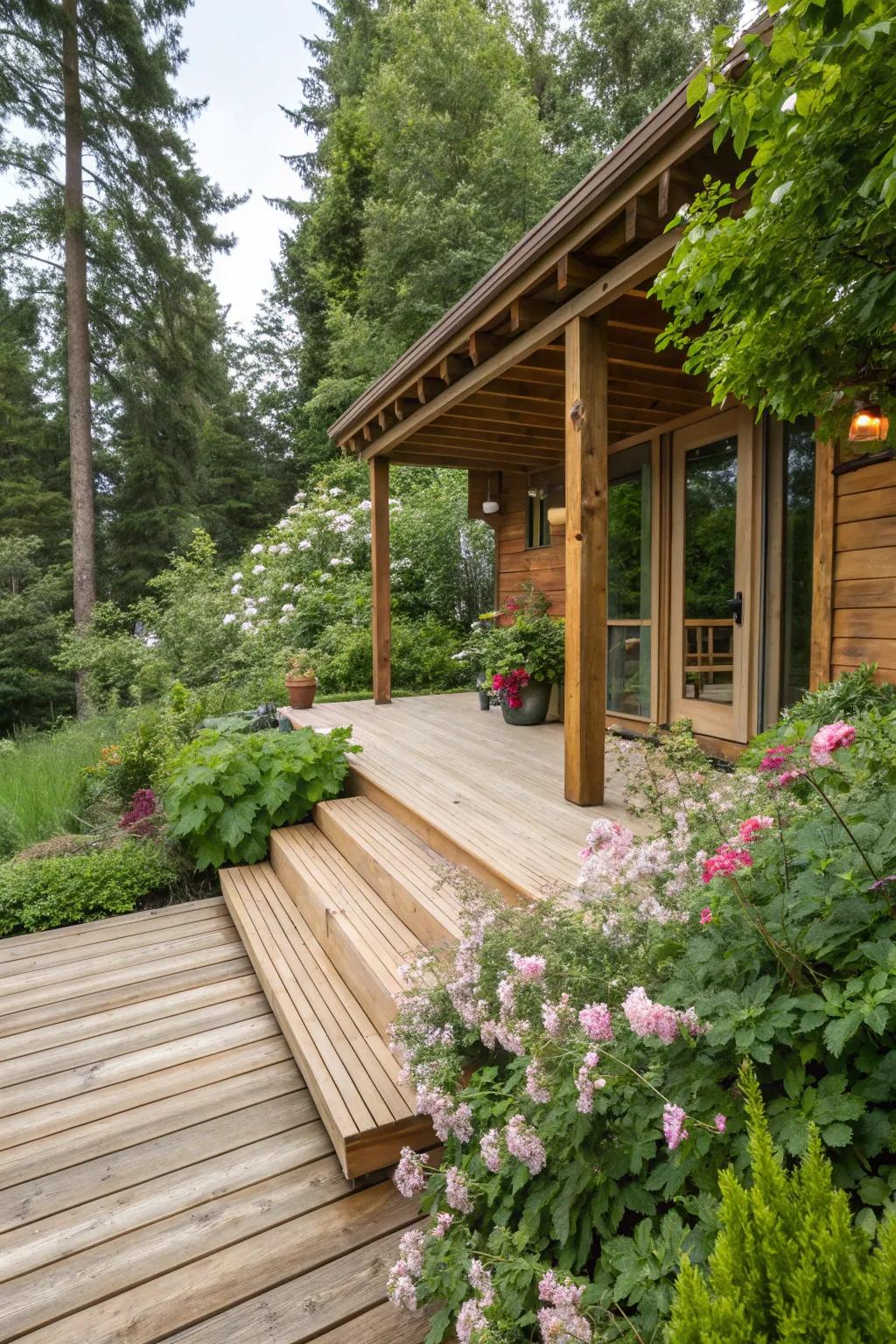 The deck blends in perfectly with the surrounding natural environment because to its natural materials.