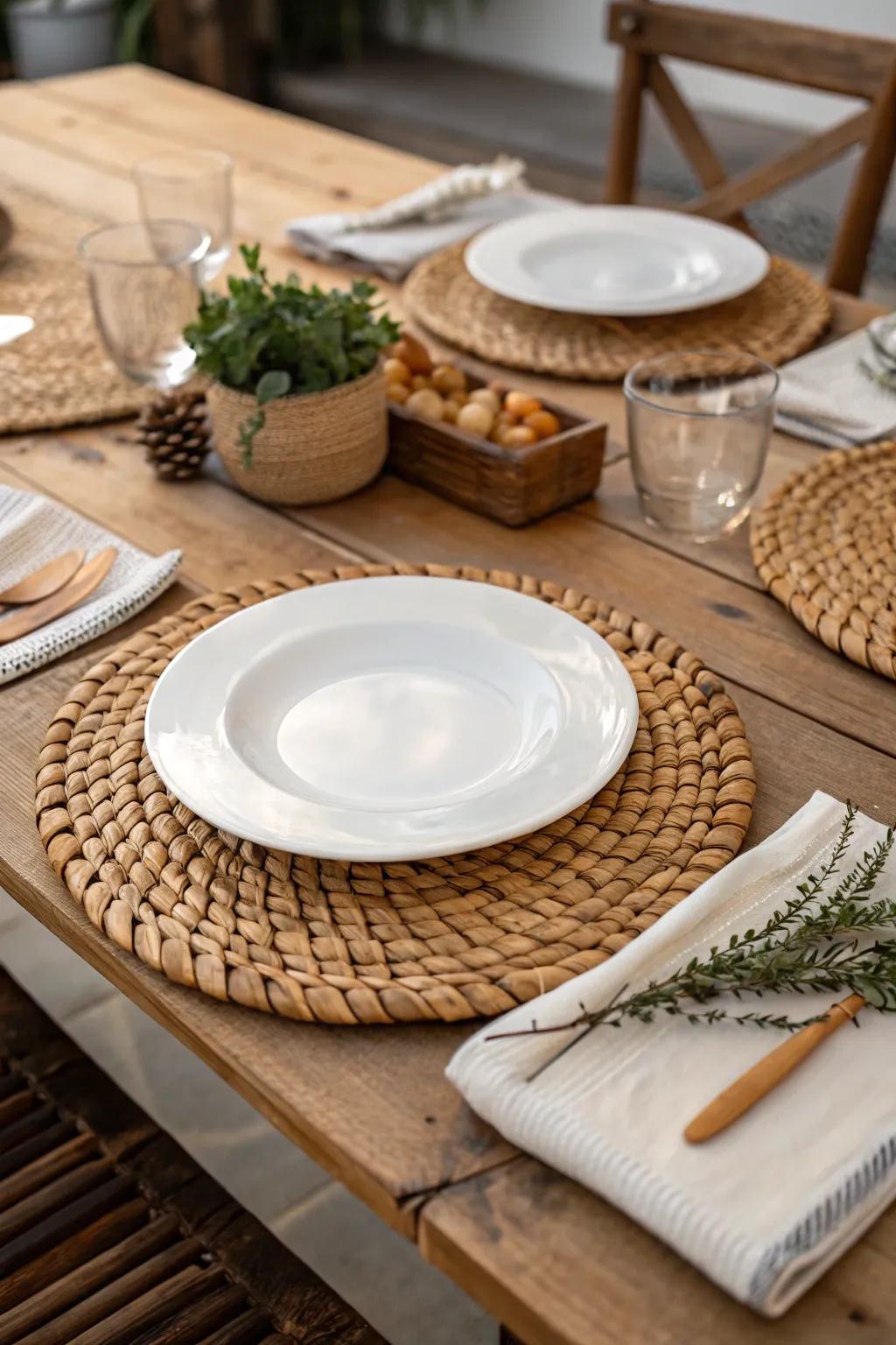 The lunch table is given an earthy feel by wooden placemats.