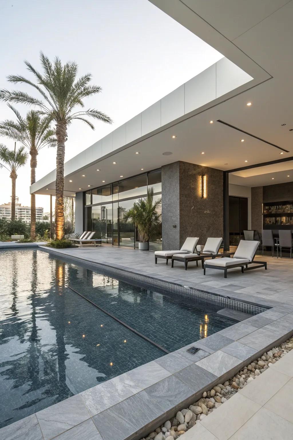 A chic retreat featuring streamlined, modern flair by the pool.