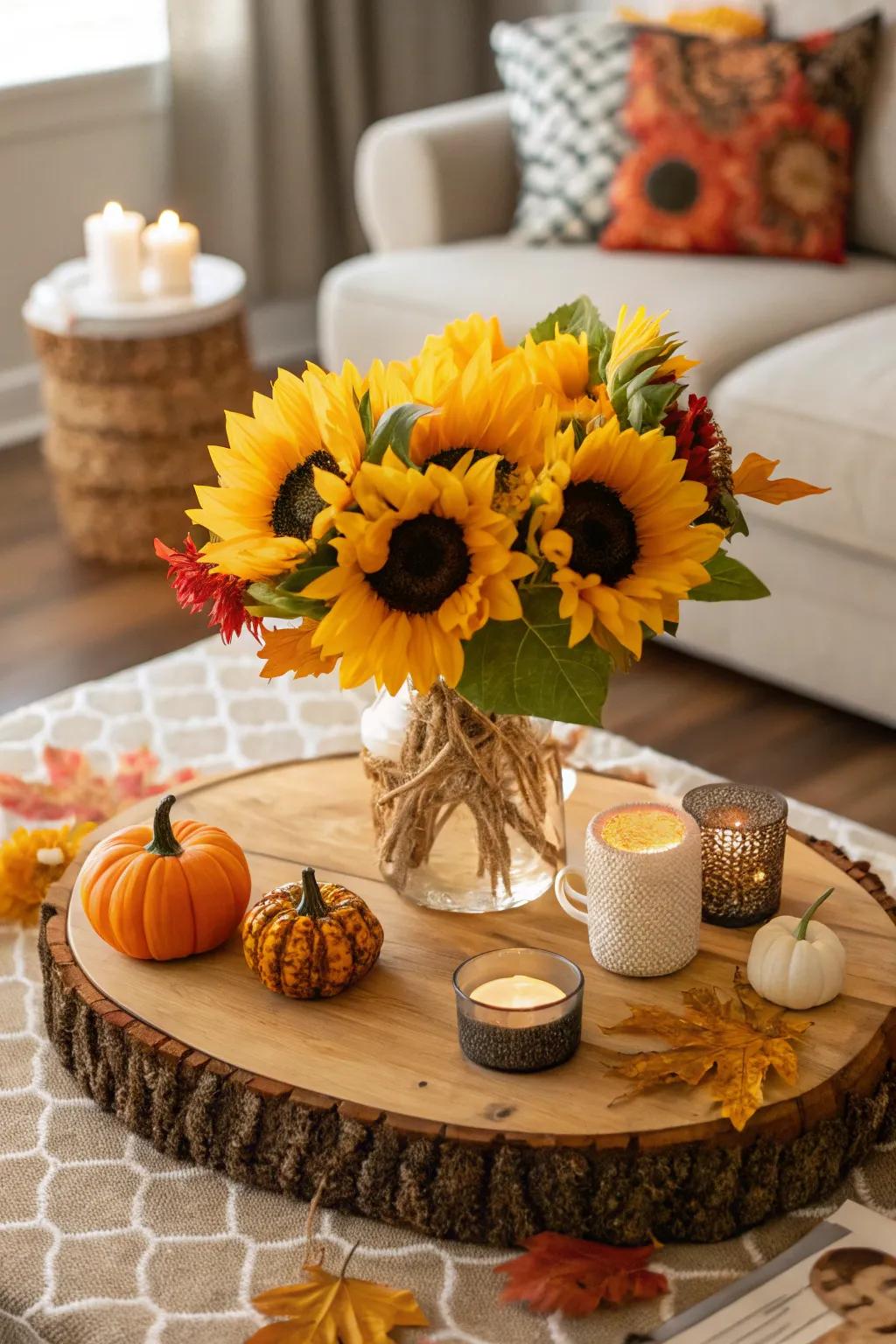 A wood slice base introduces an organic feel to this sunflower arrangement.