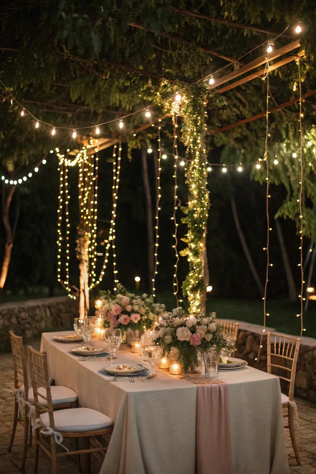 String lights interwoven through greenery create magic.