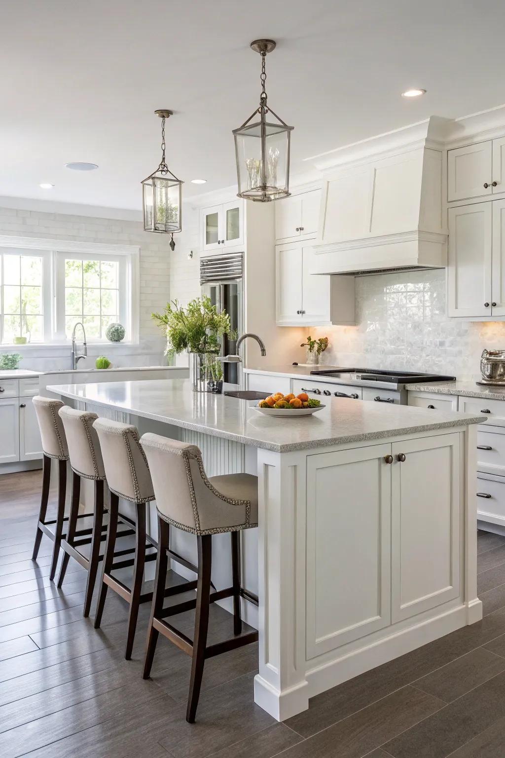 A white kitchen island that also serves as a casual dining area.