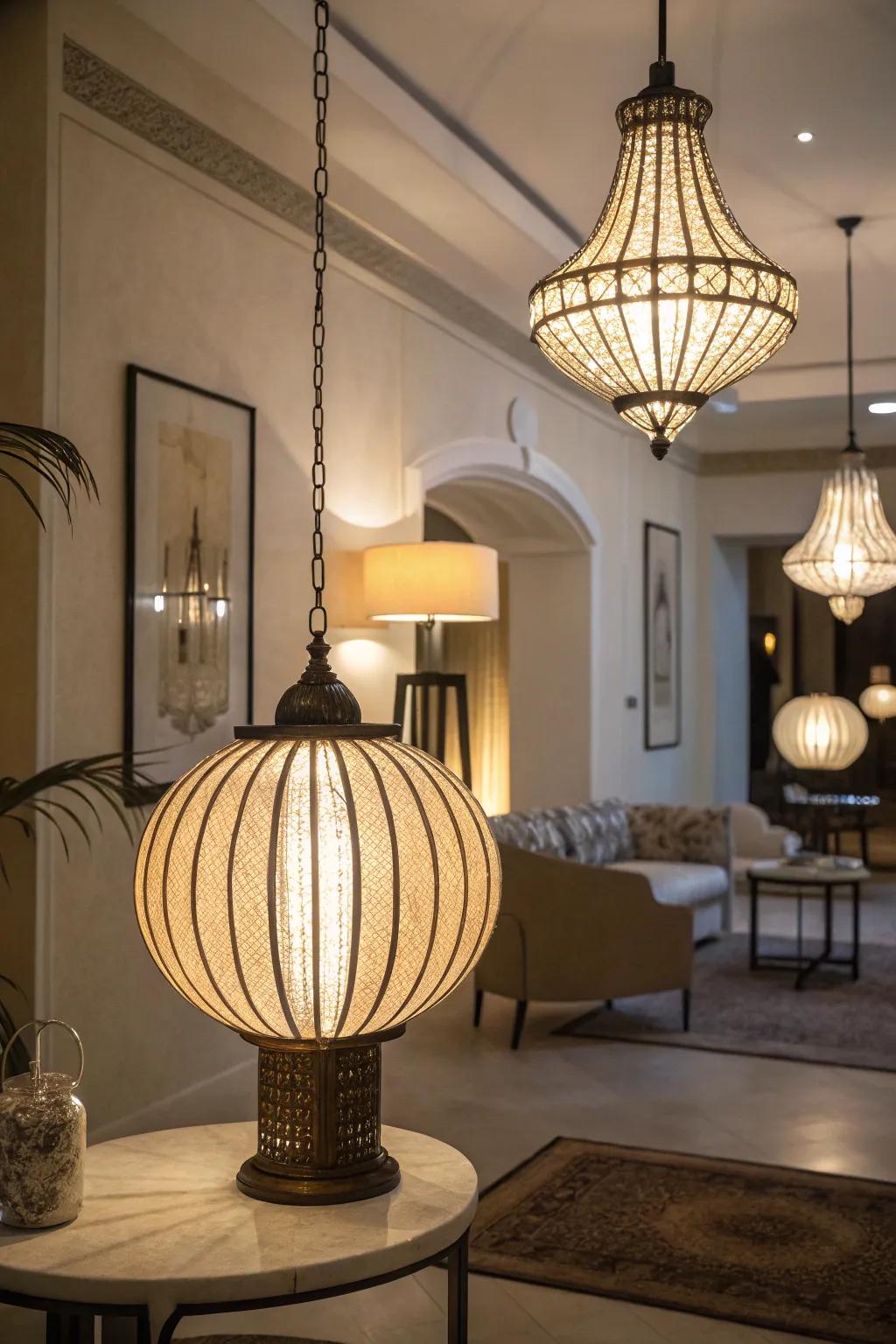 A room enhanced by elegant lighting fixtures.