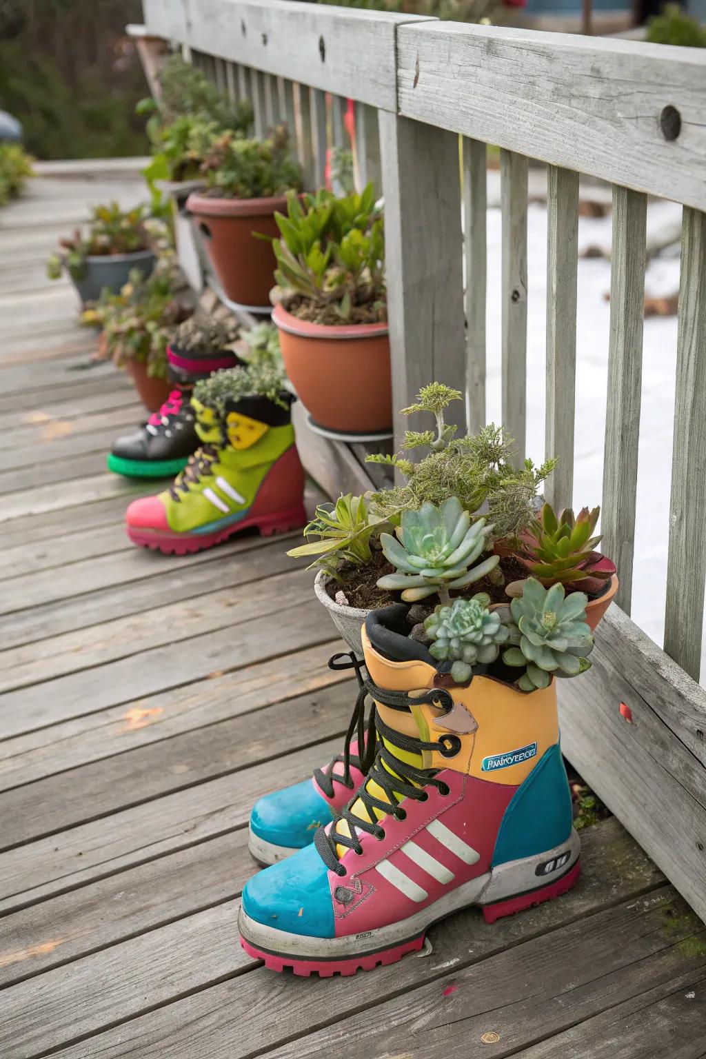 Inject a playful vibe into your decor with planters made from ski boots.