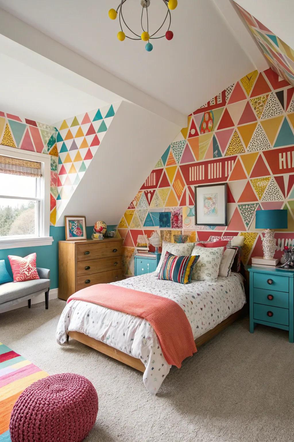 This vibrant bedroom has a hint of fun and eccentricity thanks to the striking designs on the ceiling.