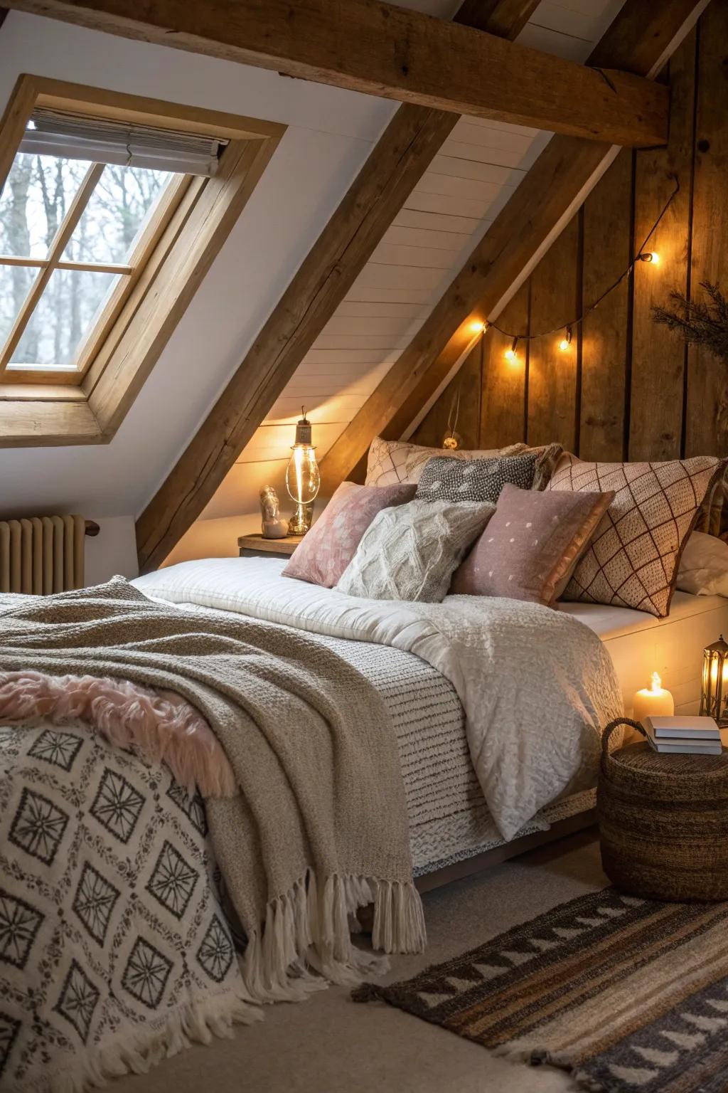 Warm soft furnishings create a cozy escape in an attic bedroom.